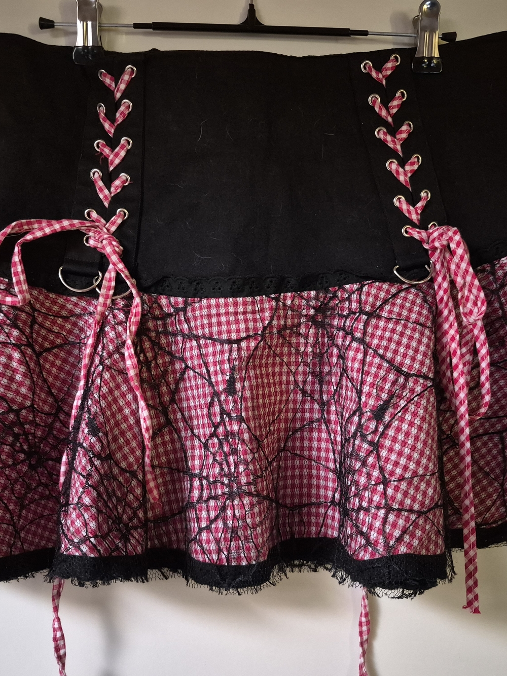 Red Gingham Lace-Up Skirt Dress